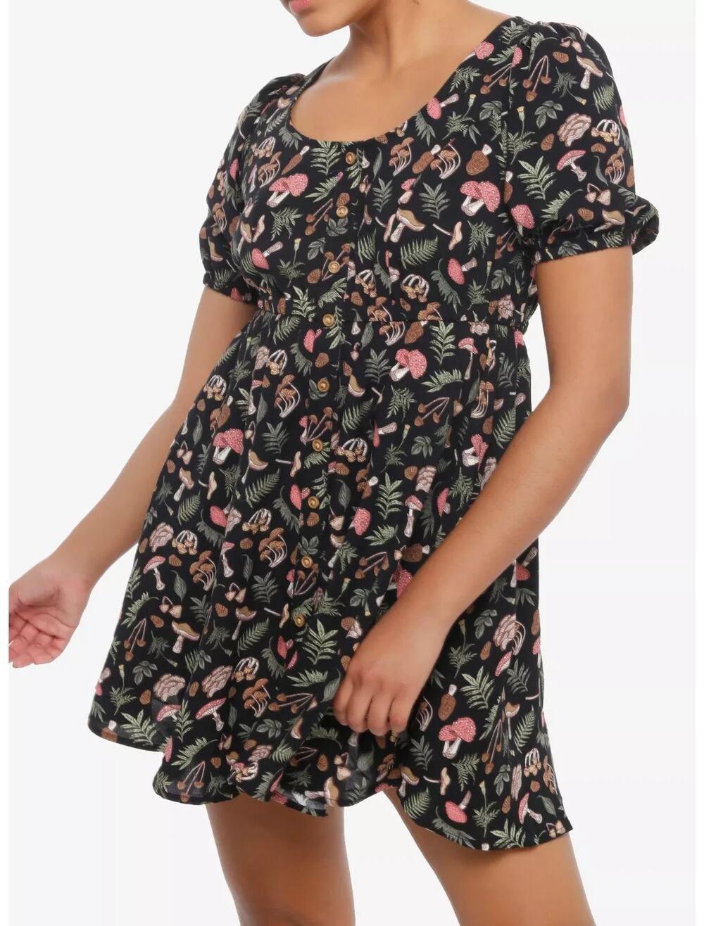 Thorn & Fable Mushroom Babydoll Dress Sz S Black Print Rayon Puff Sleeve Button